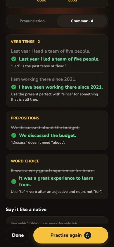 Feedback after a call: each mistake crossed out, the corrected sentence and a short explanation