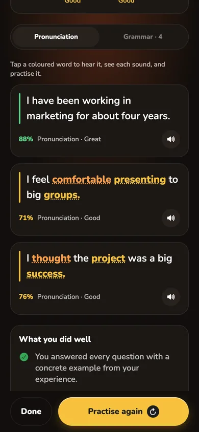 Feedback after a call: each sentence scored for pronunciation, with the words to work on highlighted